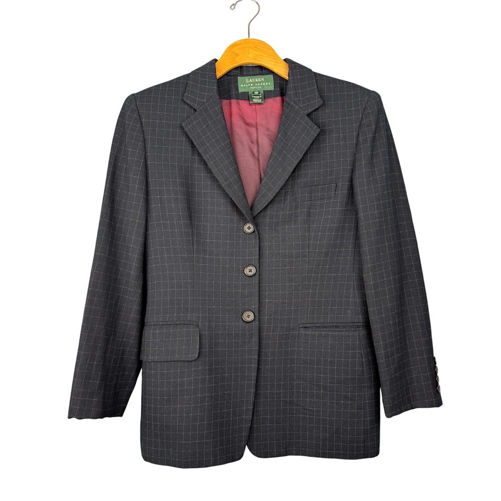 Lauren Ralph Lauren Blazer Women 10P Gray Windowpane Plaid Wool 3-Button Petite
